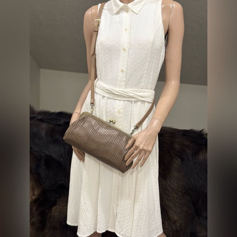 Brownish Pleated Genuine Leather Handmade Retro Kisslock Clutch, Multi Use Purse - Picture 11 of 16